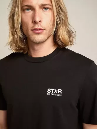 T-shirt da uomo nera con logo bianco a contrasto e stella