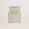 T-shirt grigia senza maniche da donna con stampa gialla T-shirt grigia senza maniche da donna con stampa gialla