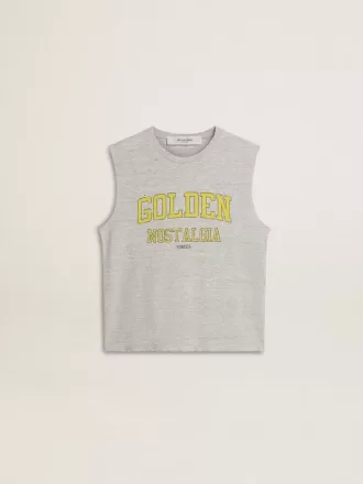T-shirt grigia senza maniche da donna con stampa gialla
