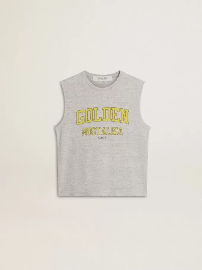 T-shirt grigia senza maniche da donna con stampa gialla T-shirt grigia senza maniche da donna con stampa gialla