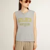 T-shirt grigia senza maniche da donna con stampa gialla T-shirt grigia senza maniche da donna con stampa gialla