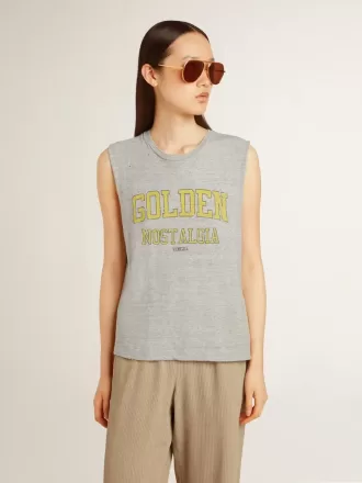 T-shirt grigia senza maniche da donna con stampa gialla