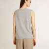 T-shirt grigia senza maniche da donna con stampa gialla T-shirt grigia senza maniche da donna con stampa gialla