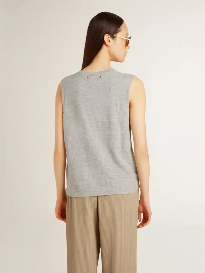 T-shirt grigia senza maniche da donna con stampa gialla T-shirt grigia senza maniche da donna con stampa gialla