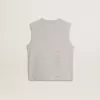 T-shirt grigia senza maniche da donna con stampa gialla T-shirt grigia senza maniche da donna con stampa gialla