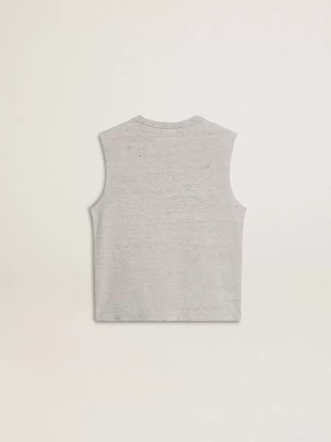 T-shirt grigia senza maniche da donna con stampa gialla T-shirt grigia senza maniche da donna con stampa gialla