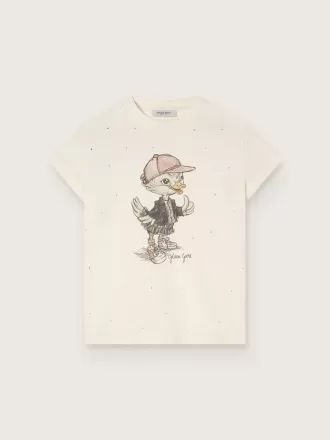 T-shirt Journey per bambina in jersey di cotone bianco con stampa digitale della mascotte e applicazioni in cristallo