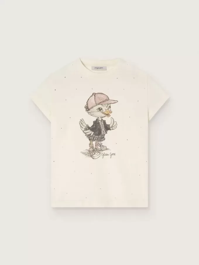 T-shirt Journey per bambina in jersey di cotone bianco con stampa digitale della mascotte e applicazioni in cristallo
