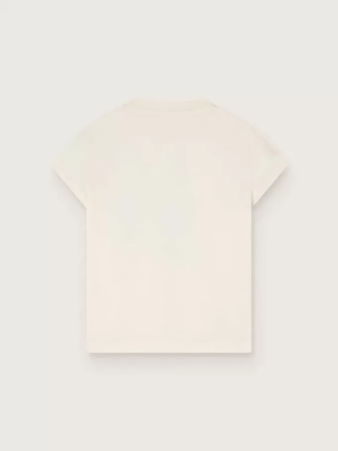 T-shirt Journey per bambina in jersey di cotone bianco con stampa digitale della mascotte e applicazioni in cristallo