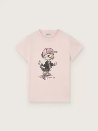T-shirt Journey per bambina in jersey di cotone rosa con stampa digitale della mascotte