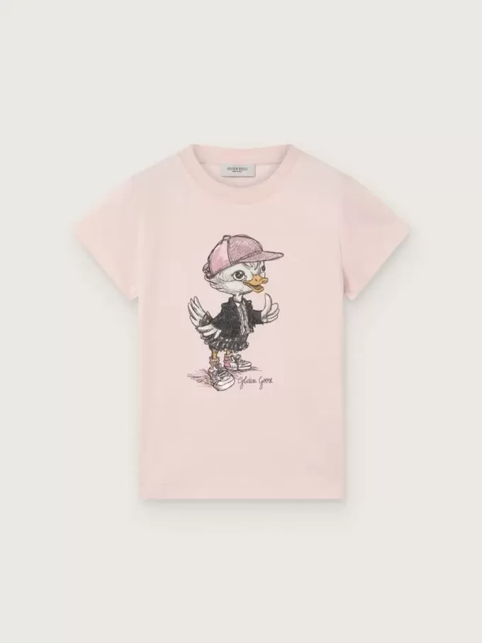 T-shirt Journey per bambina in jersey di cotone rosa con stampa digitale della mascotte