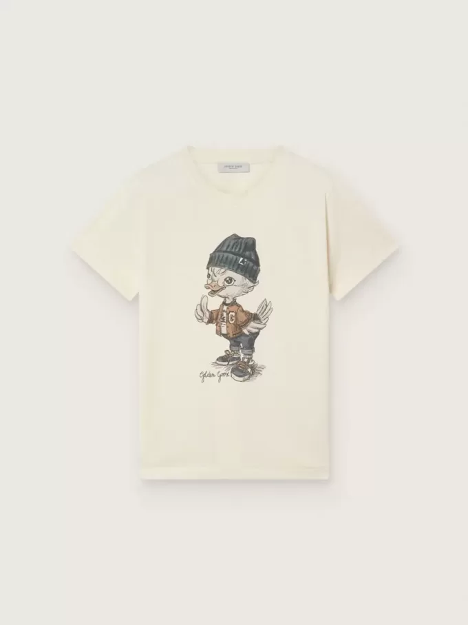 T-shirt Journey per bambino in jersey di cotone bianco con stampa digitale della mascotte