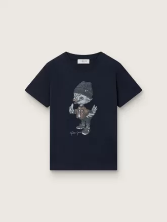 T-shirt Journey per bambino in jersey di cotone blu con stampa digitale della mascotte