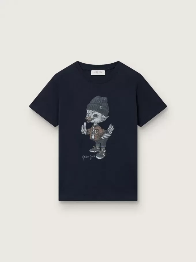 T-shirt Journey per bambino in jersey di cotone blu con stampa digitale della mascotte T-shirt Journey per bambino in jersey di cotone blu con stampa digitale della mascotte