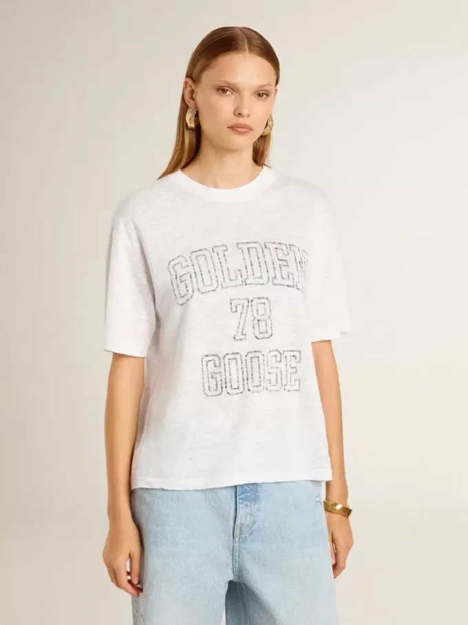 T-shirt leggera da donna in lino bianco con stampa