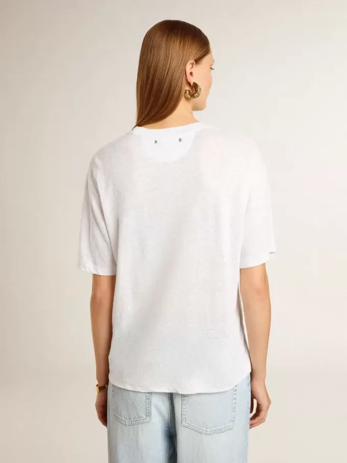 T-shirt leggera da donna in lino bianco con stampa