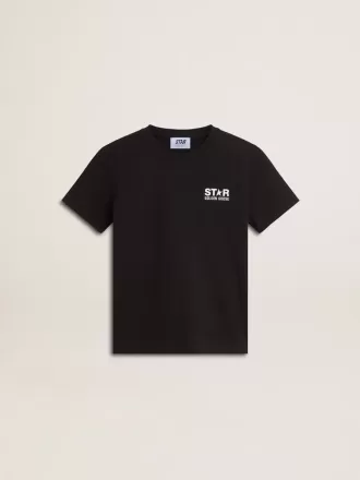 T-shirt nera con logo bianco a contrasto sul davanti e maxi stella sul retro