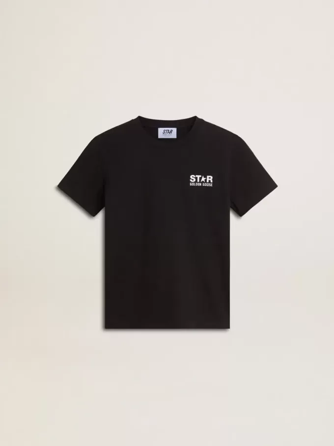 T-shirt nera con logo bianco a contrasto sul davanti e maxi stella sul retro T-shirt nera con logo bianco a contrasto sul davanti e maxi stella sul retro
