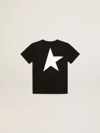 T-shirt nera con logo bianco a contrasto sul davanti e maxi stella sul retro