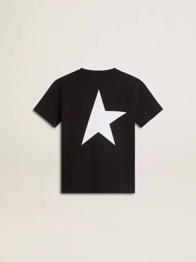 T-shirt nera con logo bianco a contrasto sul davanti e maxi stella sul retro T-shirt nera con logo bianco a contrasto sul davanti e maxi stella sul retro