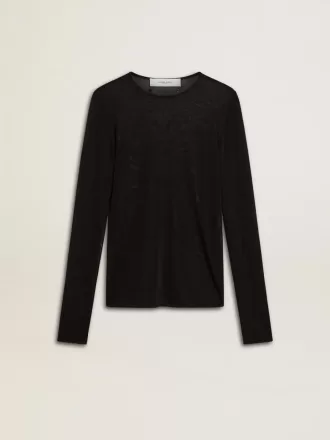 T-shirt nera da donna con collo a giro