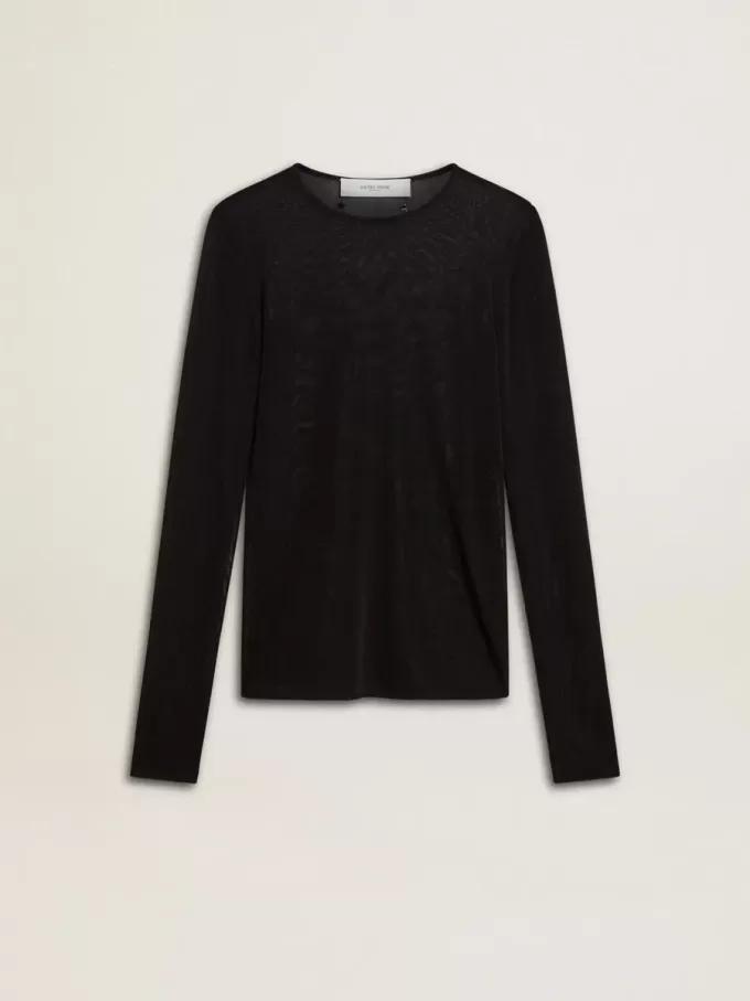 T-shirt nera da donna con collo a giro