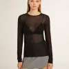 T-shirt nera da donna con collo a giro