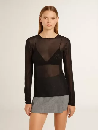T-shirt nera da donna con collo a giro