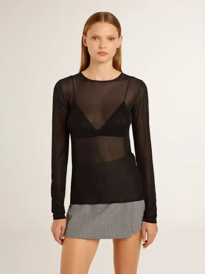 T-shirt nera da donna con collo a giro
