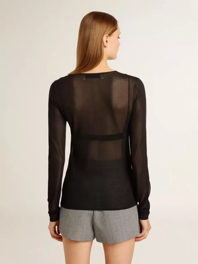 T-shirt nera da donna con collo a giro