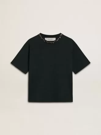 T-shirt nera da donna con cristalli