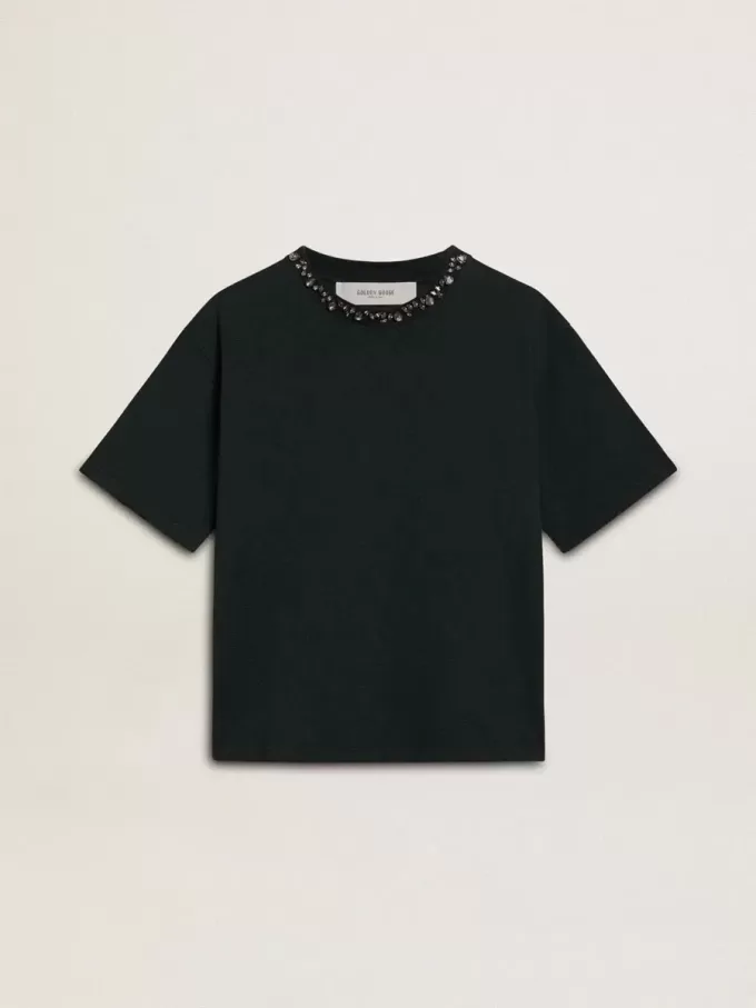 T-shirt nera da donna con cristalli