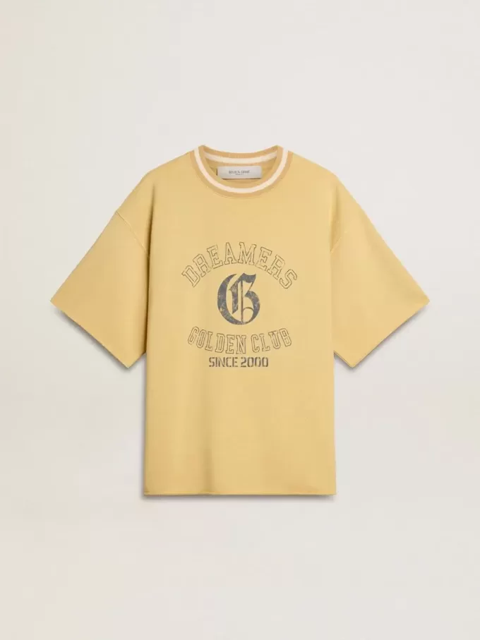 T-shirt oversize da uomo in cotone giallo con stampa blu