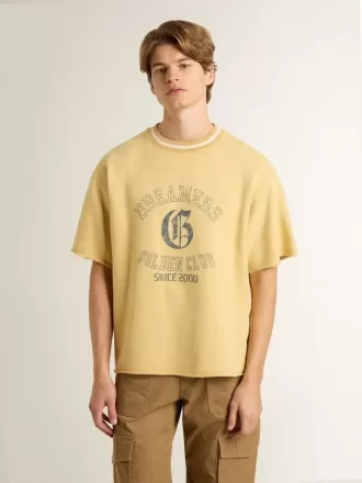 T-shirt oversize da uomo in cotone giallo con stampa blu