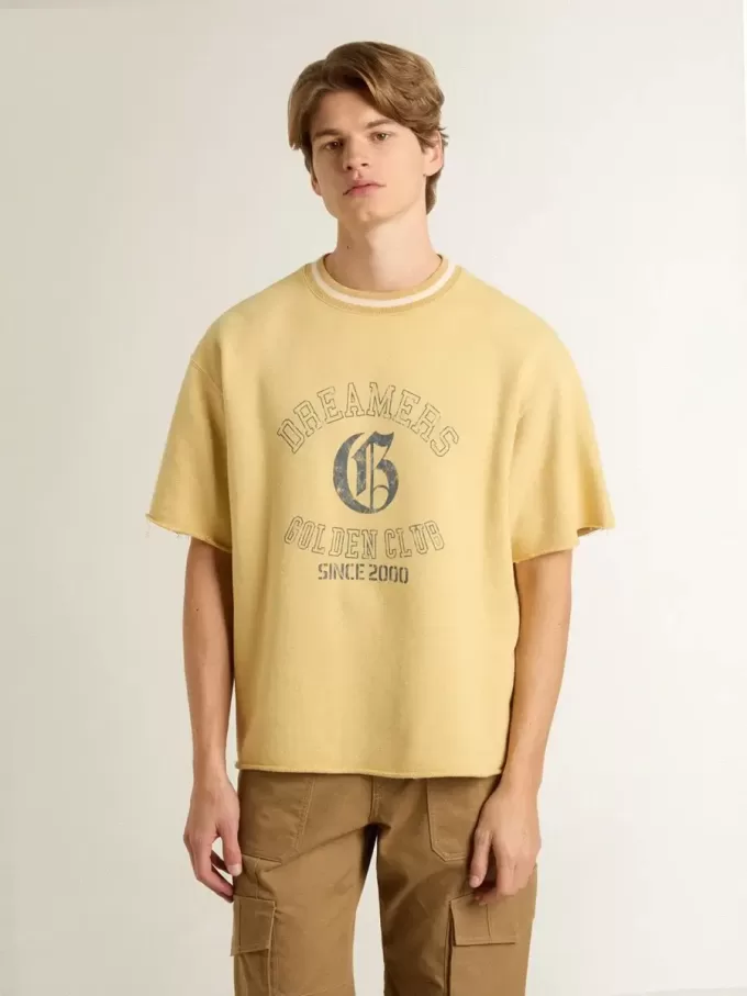 T-shirt oversize da uomo in cotone giallo con stampa blu