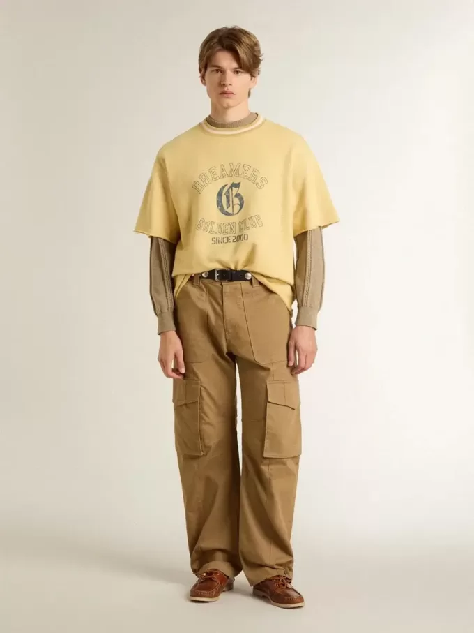T-shirt oversize da uomo in cotone giallo con stampa blu