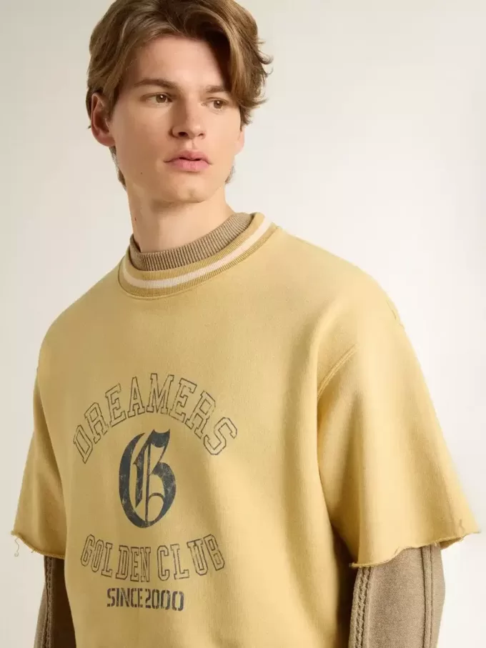 T-shirt oversize da uomo in cotone giallo con stampa blu