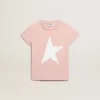 T-shirt rosa da bambina con logo bianco e maxi stella T-shirt rosa da bambina con logo bianco e maxi stella