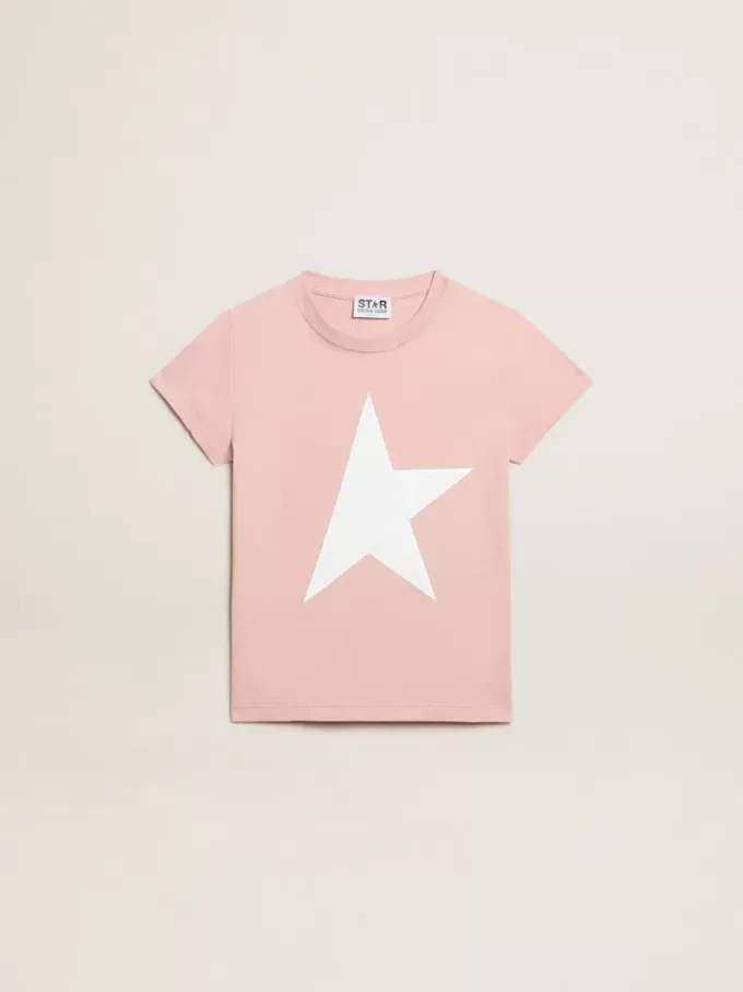 T-shirt rosa da bambina con logo bianco e maxi stella T-shirt rosa da bambina con logo bianco e maxi stella