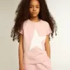 T-shirt rosa da bambina con logo bianco e maxi stella T-shirt rosa da bambina con logo bianco e maxi stella