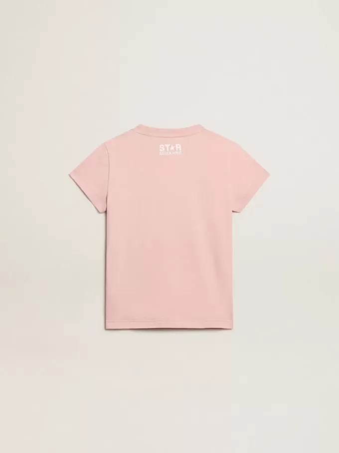 T-shirt rosa da bambina con logo bianco e maxi stella T-shirt rosa da bambina con logo bianco e maxi stella