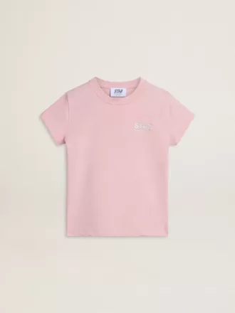 T-shirt rosa da bambina con logo glitterato argento e maxi stella