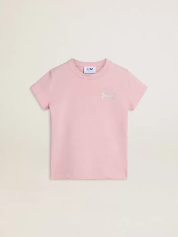 T-shirt rosa da bambina con logo glitterato argento e maxi stella T-shirt rosa da bambina con logo glitterato argento e maxi stella
