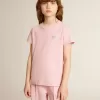 T-shirt rosa da bambina con logo glitterato argento e maxi stella T-shirt rosa da bambina con logo glitterato argento e maxi stella