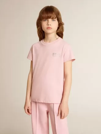 T-shirt rosa da bambina con logo glitterato argento e maxi stella