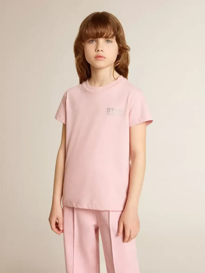T-shirt rosa da bambina con logo glitterato argento e maxi stella T-shirt rosa da bambina con logo glitterato argento e maxi stella