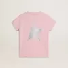 T-shirt rosa da bambina con logo glitterato argento e maxi stella T-shirt rosa da bambina con logo glitterato argento e maxi stella