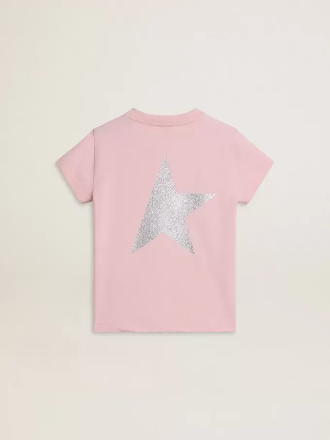 T-shirt rosa da bambina con logo glitterato argento e maxi stella T-shirt rosa da bambina con logo glitterato argento e maxi stella