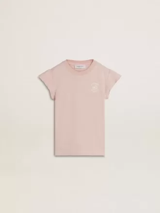 T-shirt rosa da bambina con maniche a volant e ricami