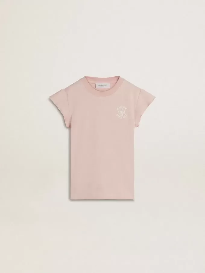 T-shirt rosa da bambina con maniche a volant e ricami T-shirt rosa da bambina con maniche a volant e ricami